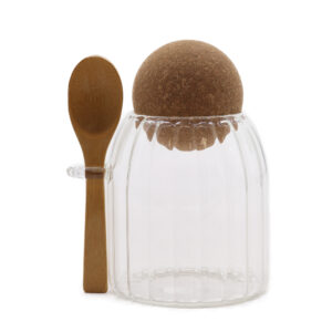 Tarro de cristal acanalado con tapa de bambú y cuchara – 10 cm