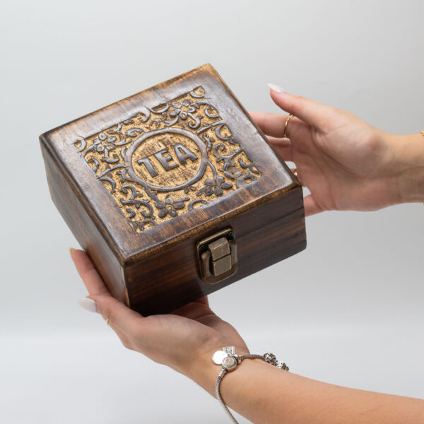 Caja de Té Tallada de Madera de Mango – 4 Compartimentos - Imagen 4