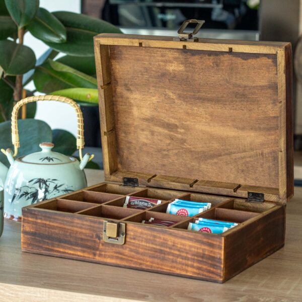 Caja de Té Tallada de Madera de Mango – 12 Compartimentos - Imagen 5